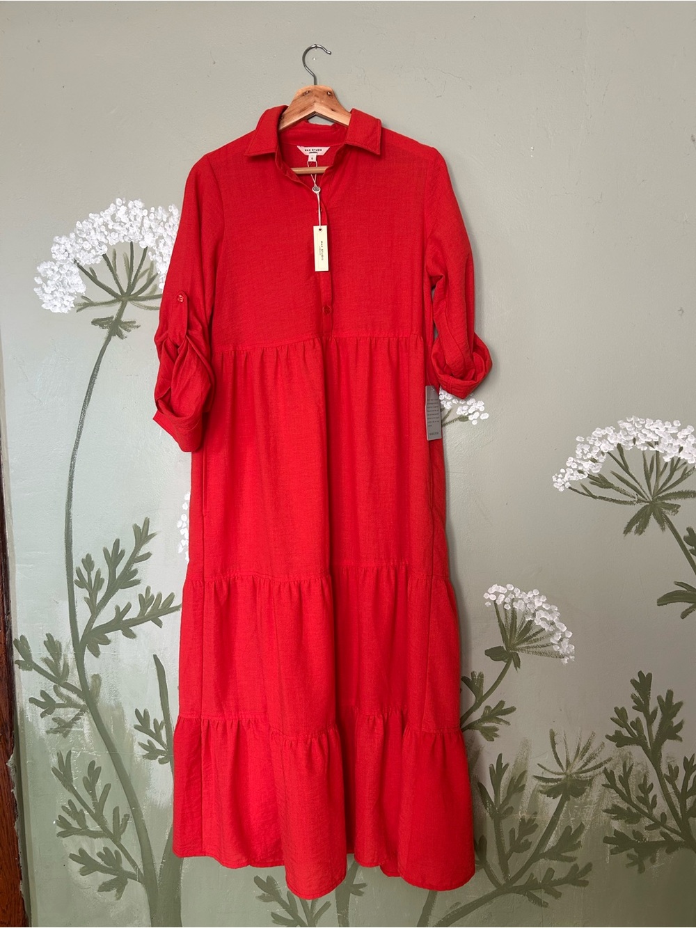 NWT Max Studio Papaya Red Tiered Maxi Shirt Dress w/ pockets